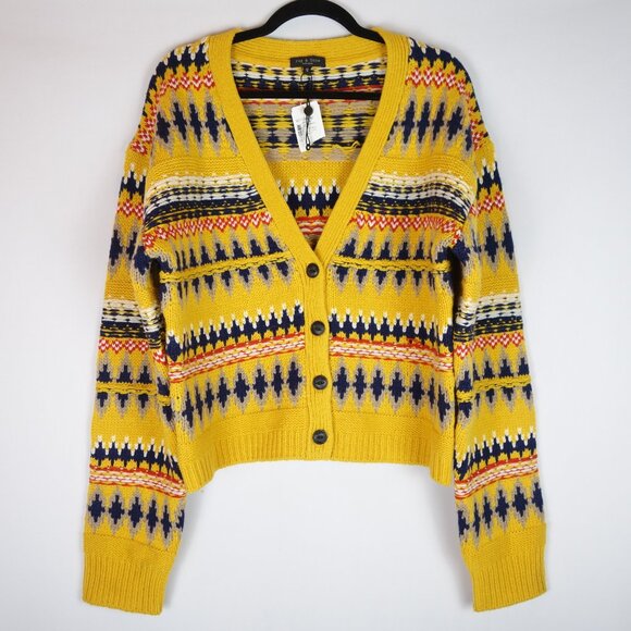 Rag & Bone Willow Fair Isle Yellow Wool Knitted Cardigan Sweater, Sz Extra Large - Picture 1 of 11